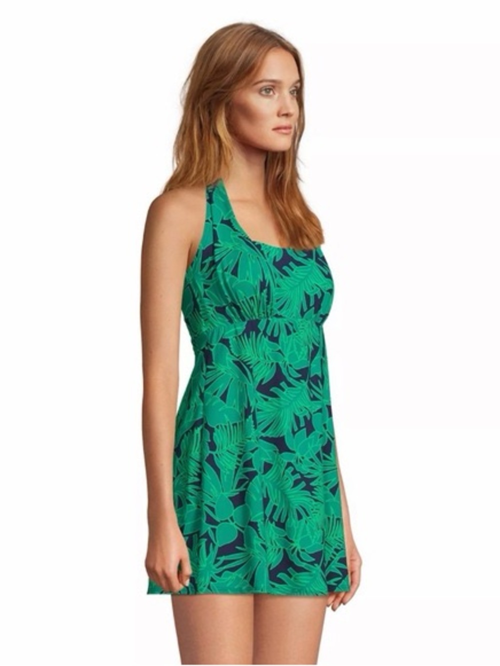 Lands End Green and Navy Tropical Print Swim Dress 1X